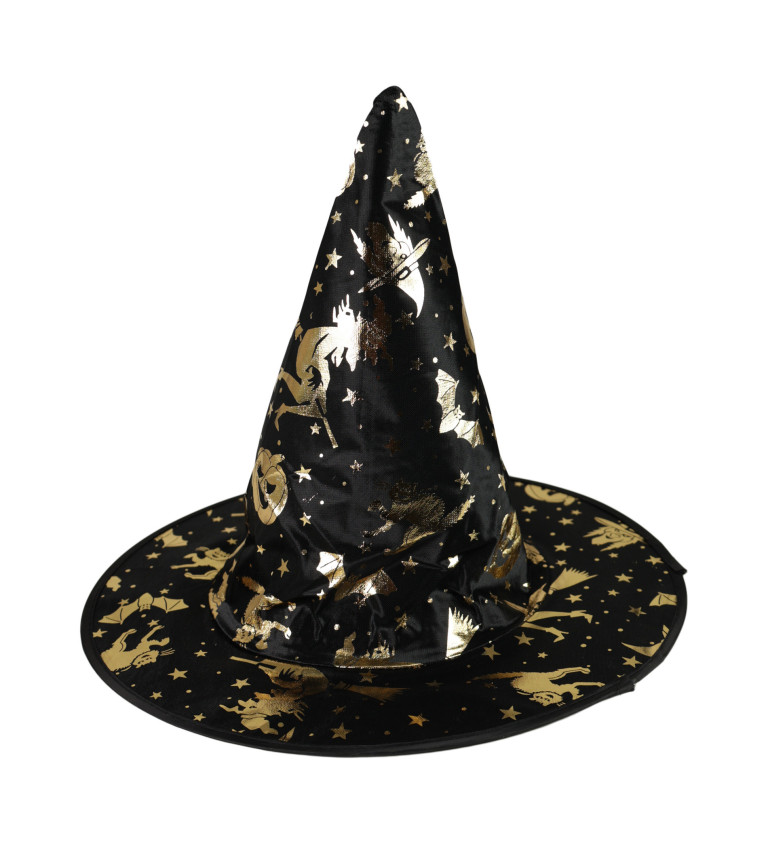 Dětský klobouk - čarodějnice - zlatý dekor