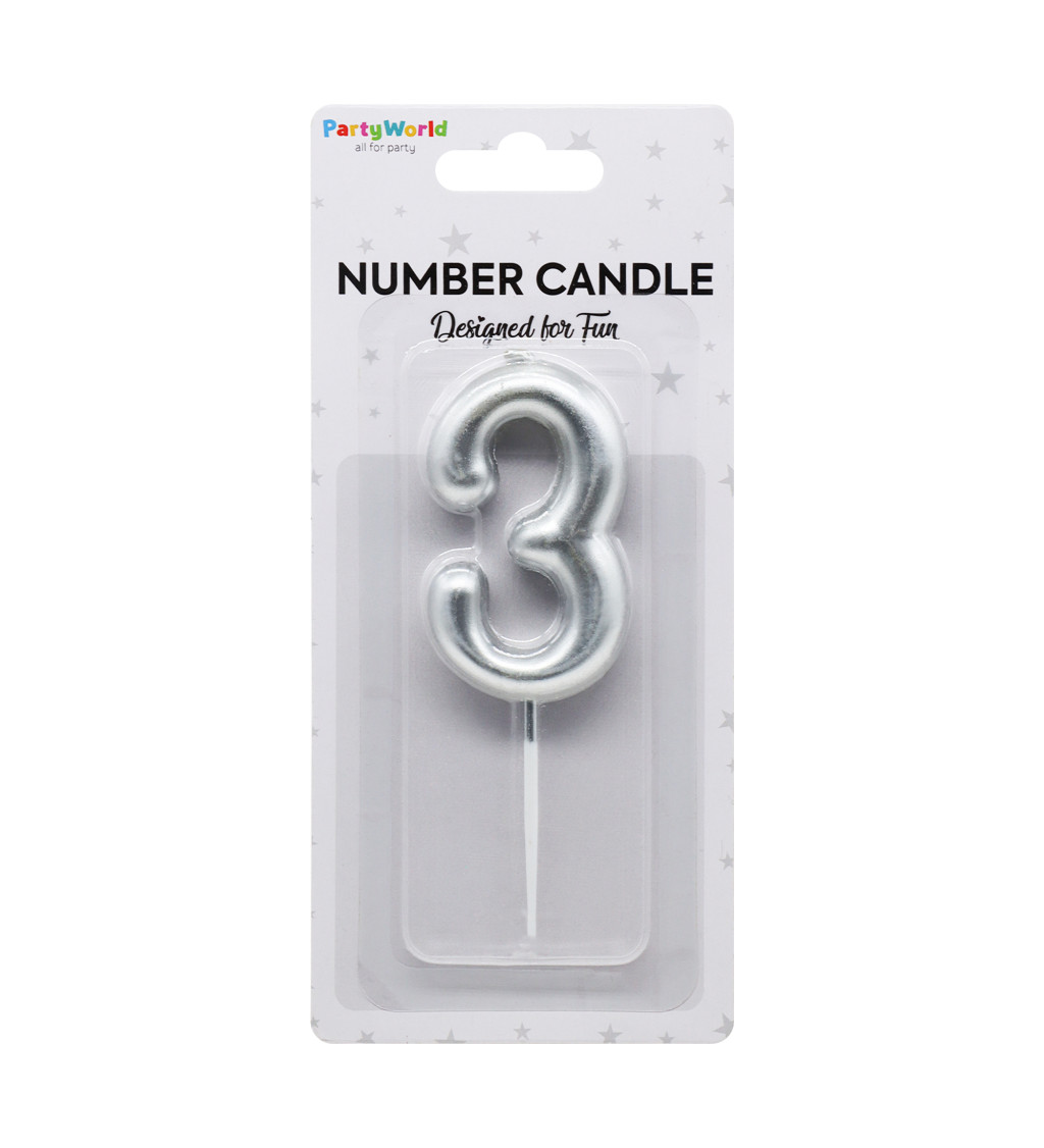 Dortová svíčka číslo 3 - stříbrná
