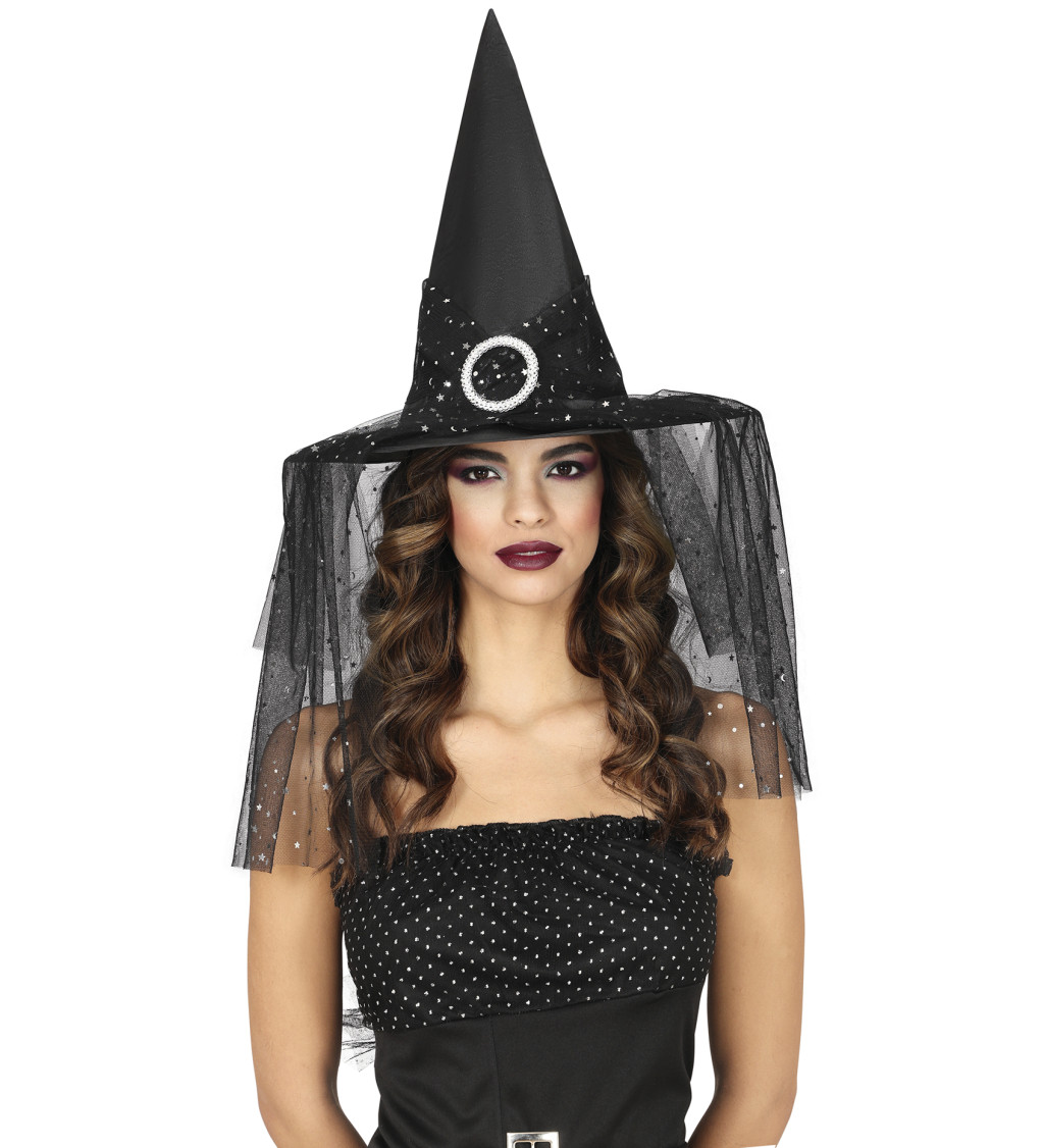 Čarodějnický klobouk - se závojem a hvězdami