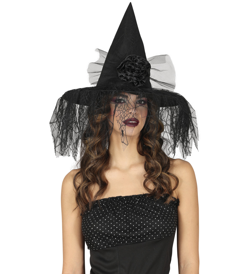 Čarodějnický klobouk - s květinou a závojem