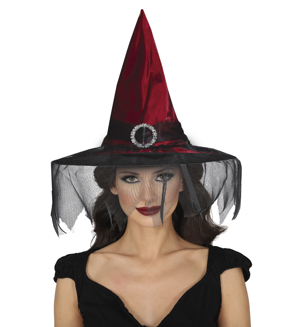 Vínový čarodějnický klobouk - se závojem