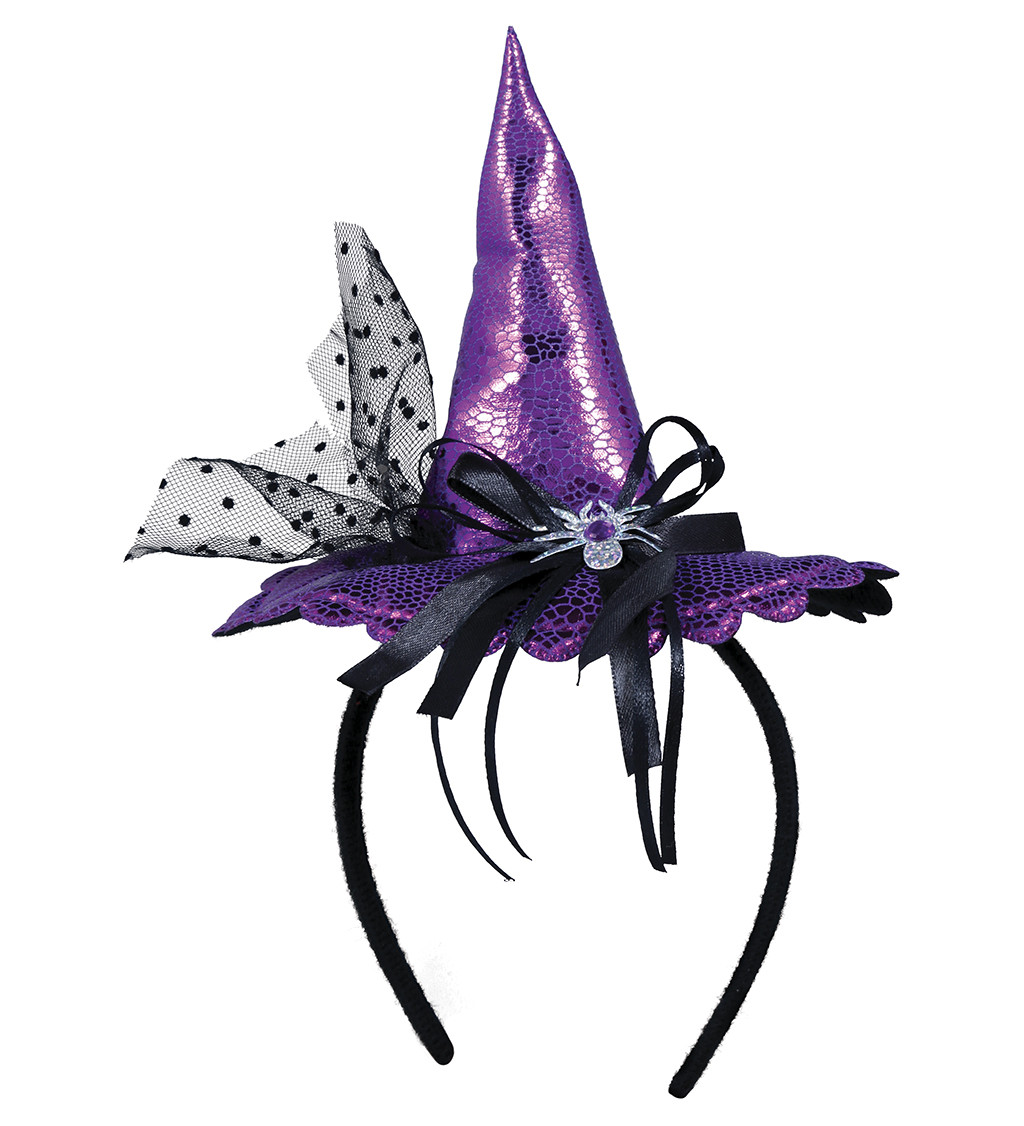 Fialový mini čarodějnický klobouk na čelence
