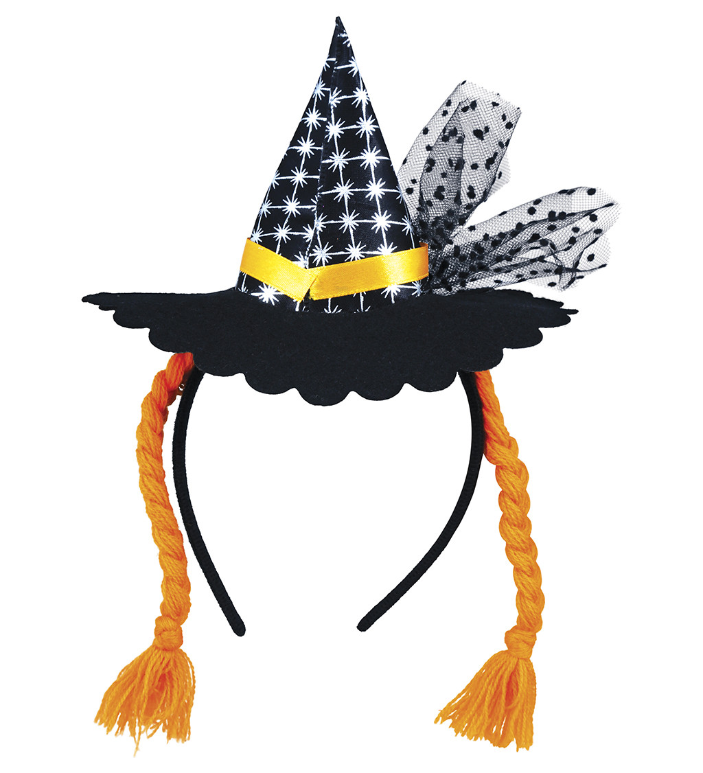 Mini čarodějnický klobouk na čelence s oranžovými copánky