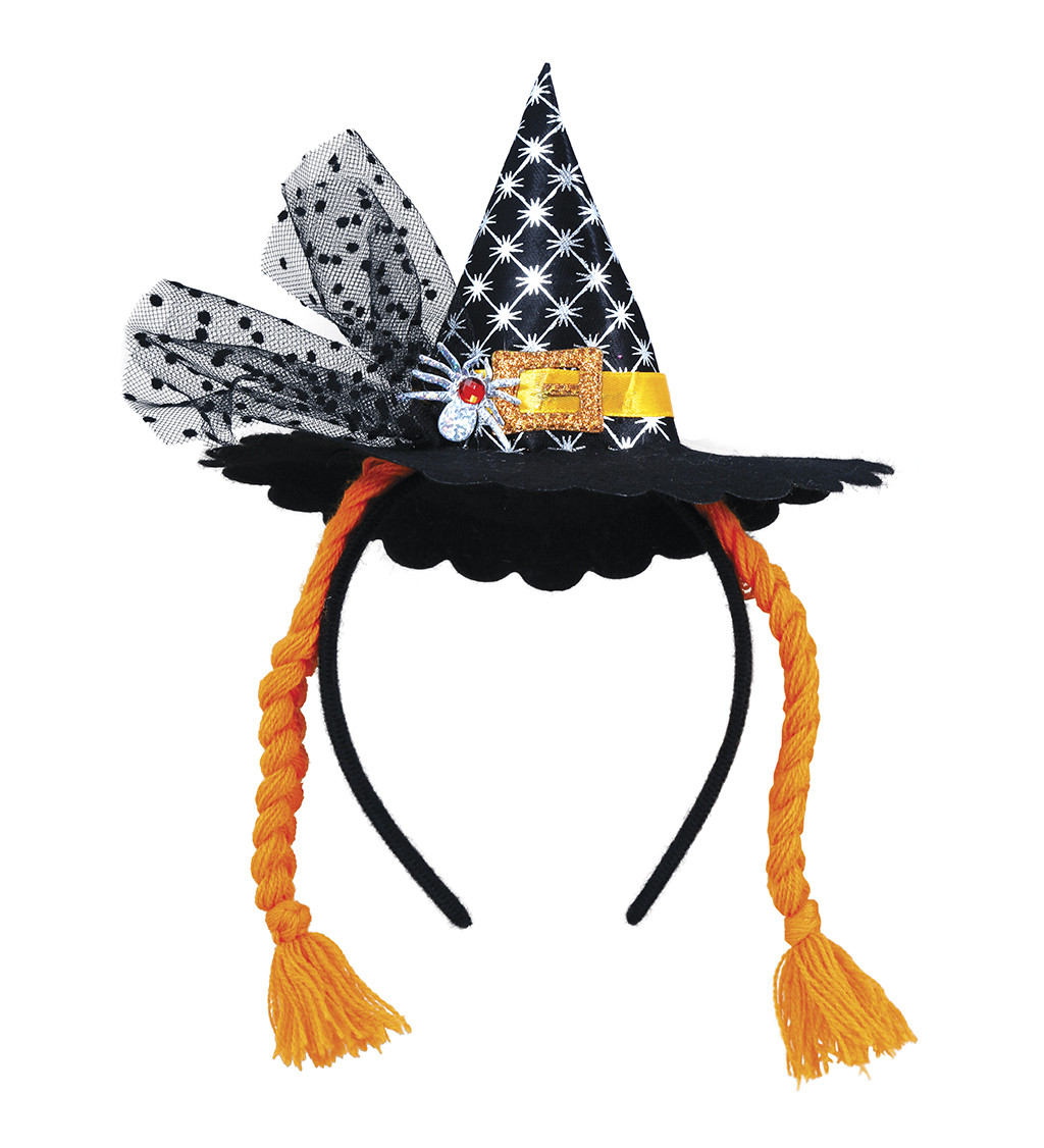 Mini čarodějnický klobouk na čelence s oranžovými copánky