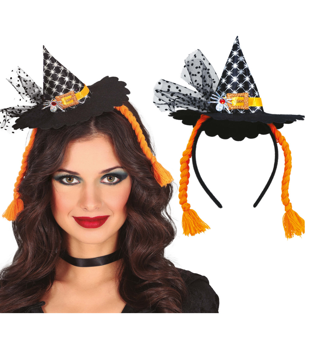 Mini čarodějnický klobouk na čelence s oranžovými copánky