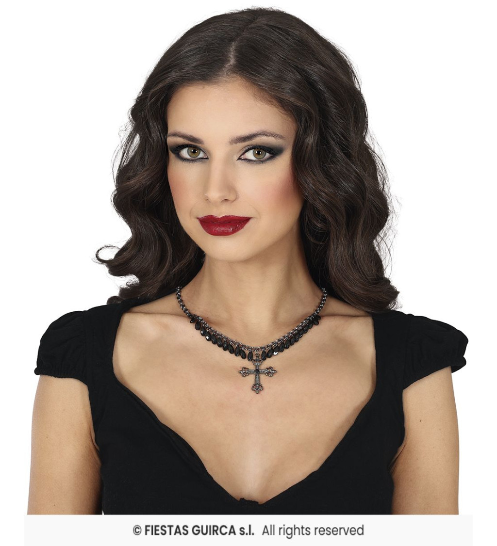 Náhrdelník - s křížkem a černými kamínky