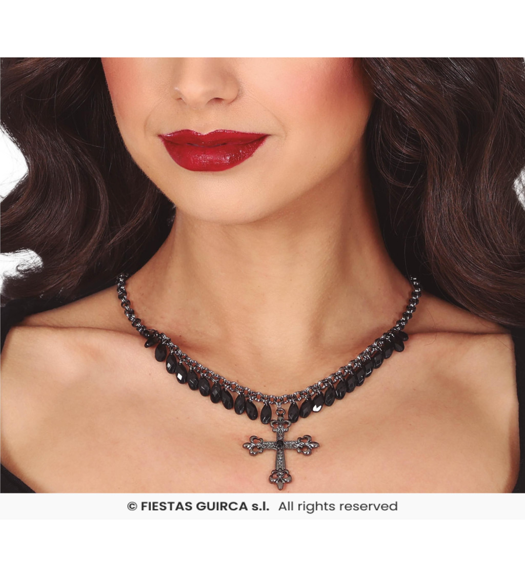 Náhrdelník - s křížkem a černými kamínky