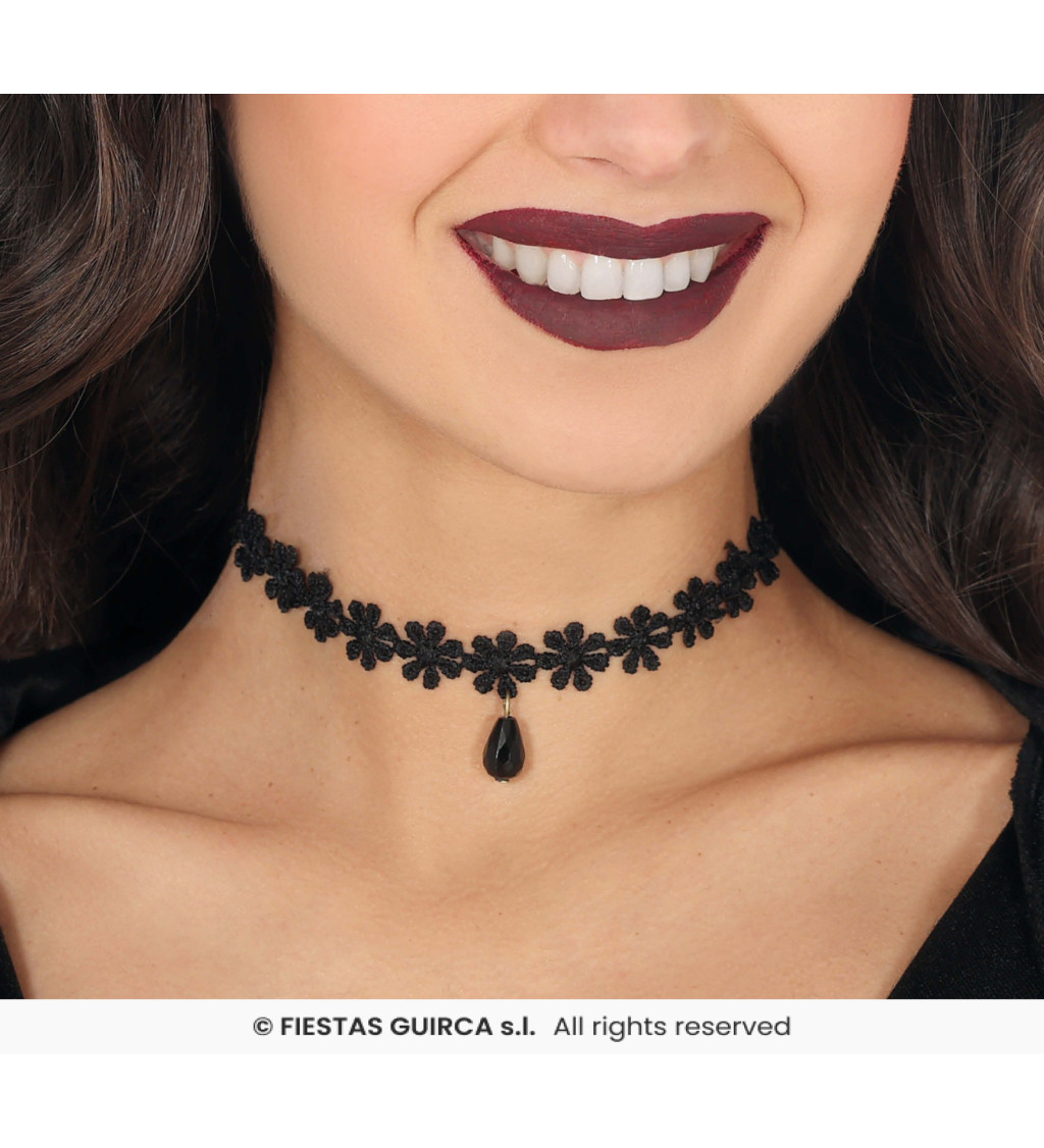 Černý krajkovaný choker - s květinami