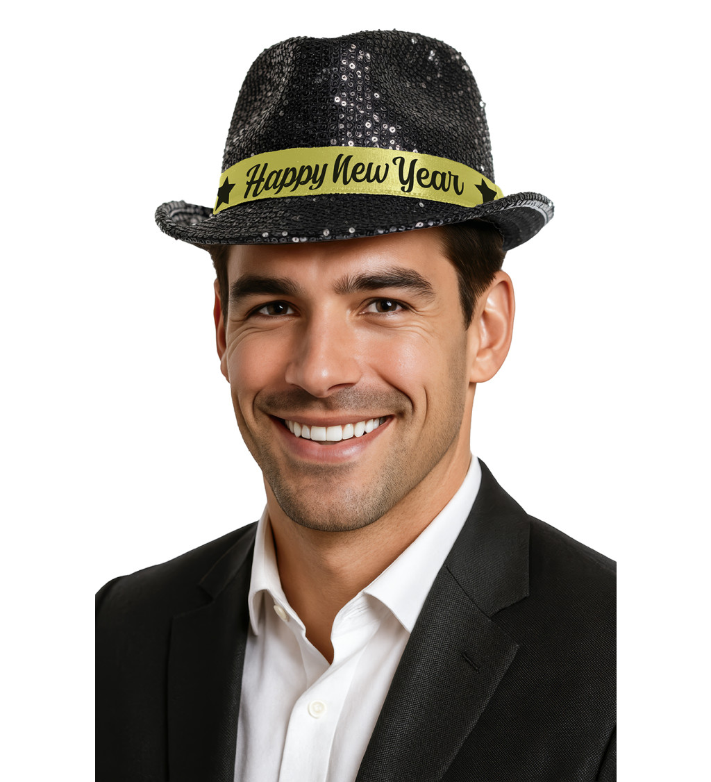 Klobouk - Happy New Year černé flitry
