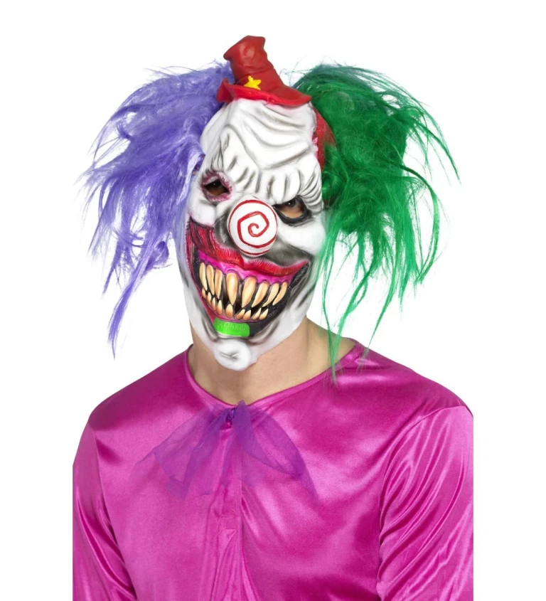 Maska strašidelného klauna se zelenými a modrými vlasy