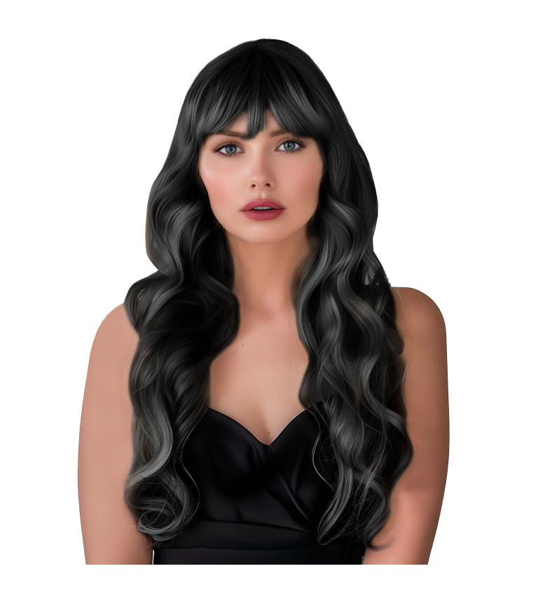 Paruka - dlouhá vlnitá s ofinou, černá