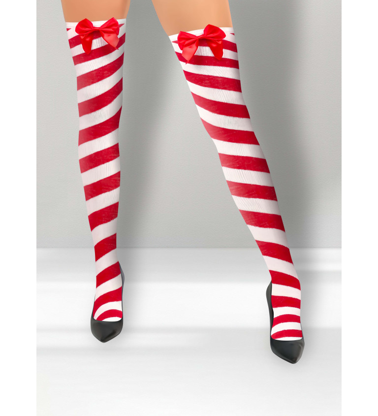 Pruhované punčochy - červeno-bílé s mašlí