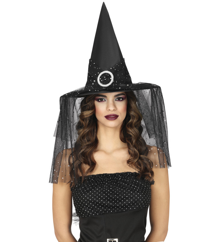 Čarodějnický klobouk - se závojem a hvězdami