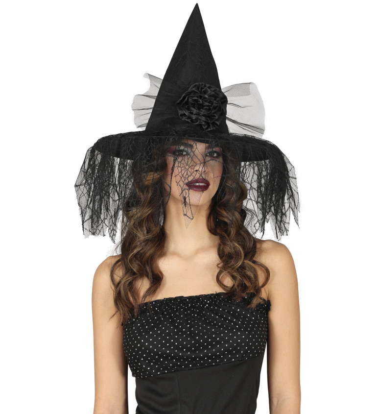 Čarodějnický klobouk - s květinou a závojem