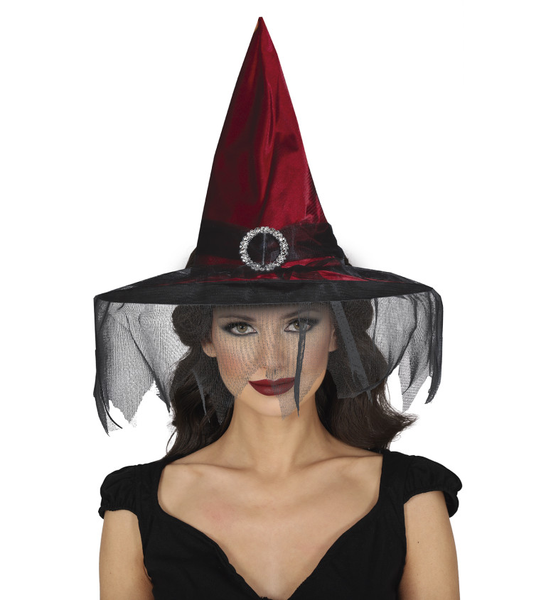 Vínový čarodějnický klobouk - se závojem