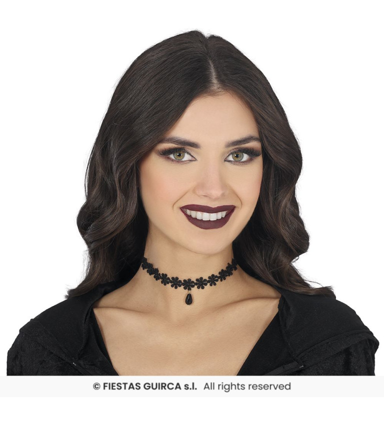 Černý krajkovaný choker - s květinami